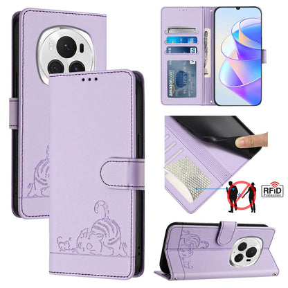 Honor Magic6 Pro 5G Global Cat and Mouse Embossed PU Leather RFID Case with Wallet Slots, Anti-Fall Protection, Kickstand, and Lanyard-buycases.co.uk