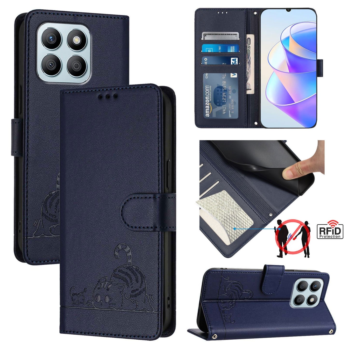 Honor X6a 4G Cat and Mouse Embossed PU Leather RFID Case with Wallet Slots, Anti-Fall Protection, Kickstand, and Lanyard-buycases.co.uk
