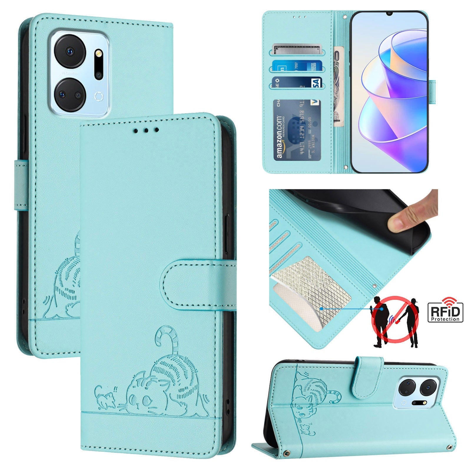 Honor X7a 4G Cat and Mouse Embossed PU Leather RFID Case with Wallet Slots, Anti-Fall Protection, Kickstand, and Lanyard-buycases.co.uk