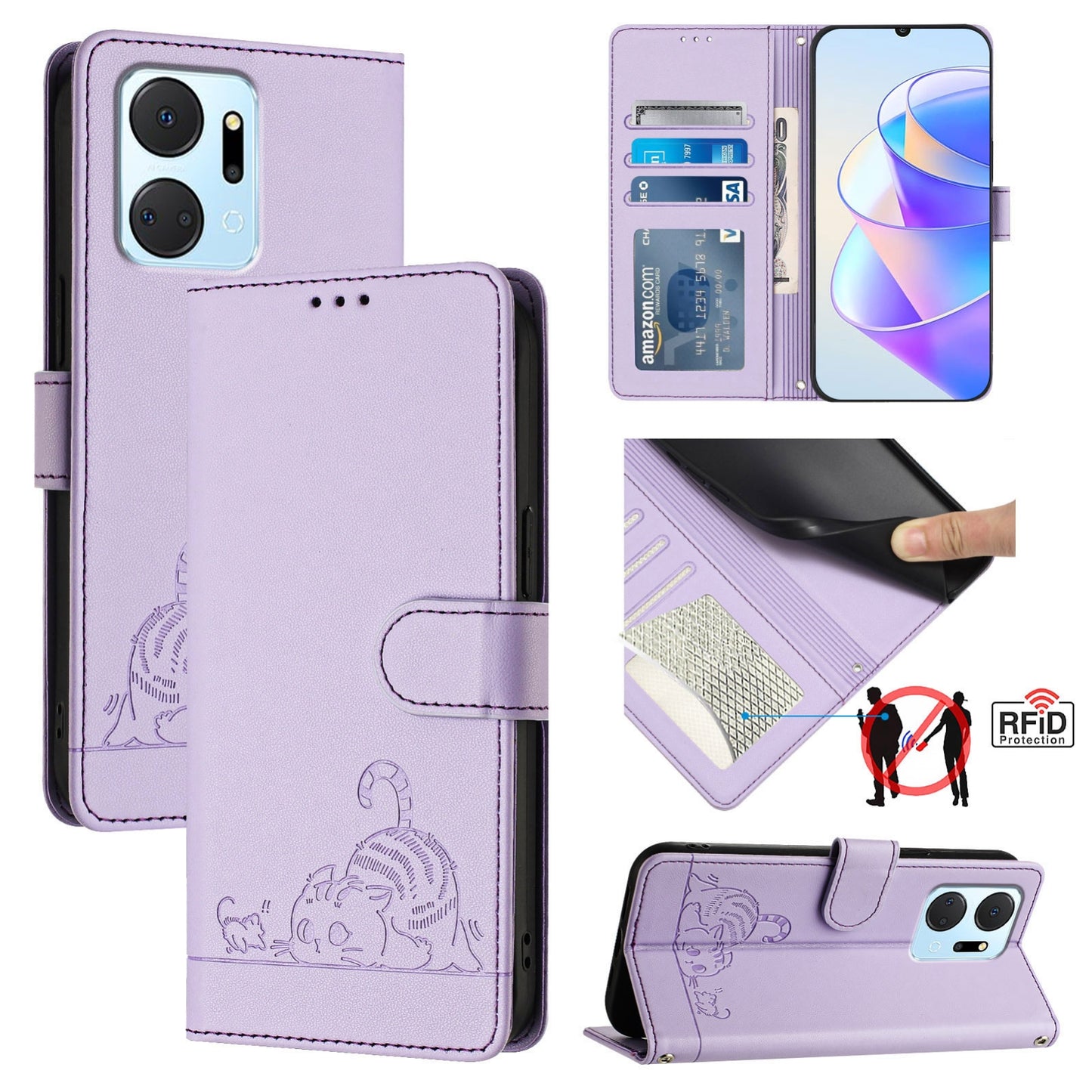 Honor Play7T 5G Cat and Mouse Embossed PU Leather RFID Case with Wallet Slots, Anti-Fall Protection, Kickstand, and Lanyard-buycases.co.uk