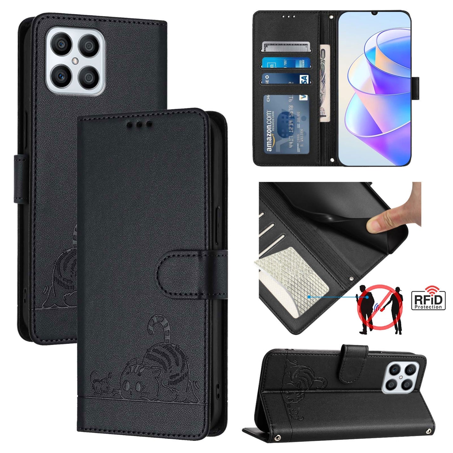 Honor X8 4G Cat and Mouse Embossed PU Leather RFID Case with Wallet Slots, Anti-Fall Protection, Kickstand, and Lanyard-buycases.co.uk