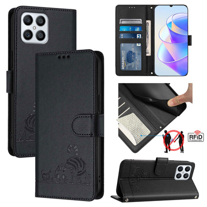 Honor X8 4G Cat and Mouse Embossed PU Leather RFID Case with Wallet Slots, Anti-Fall Protection, Kickstand, and Lanyard-buycases.co.uk