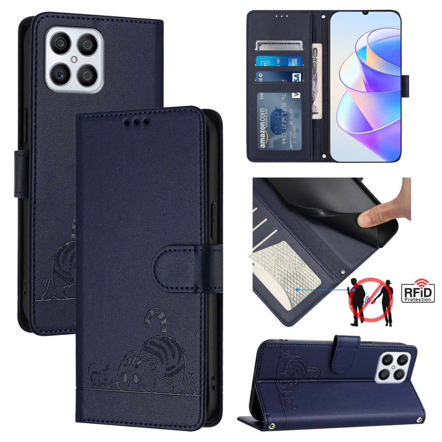 Honor X8 4G Cat and Mouse Embossed PU Leather RFID Case with Wallet Slots, Anti-Fall Protection, Kickstand, and Lanyard-buycases.co.uk