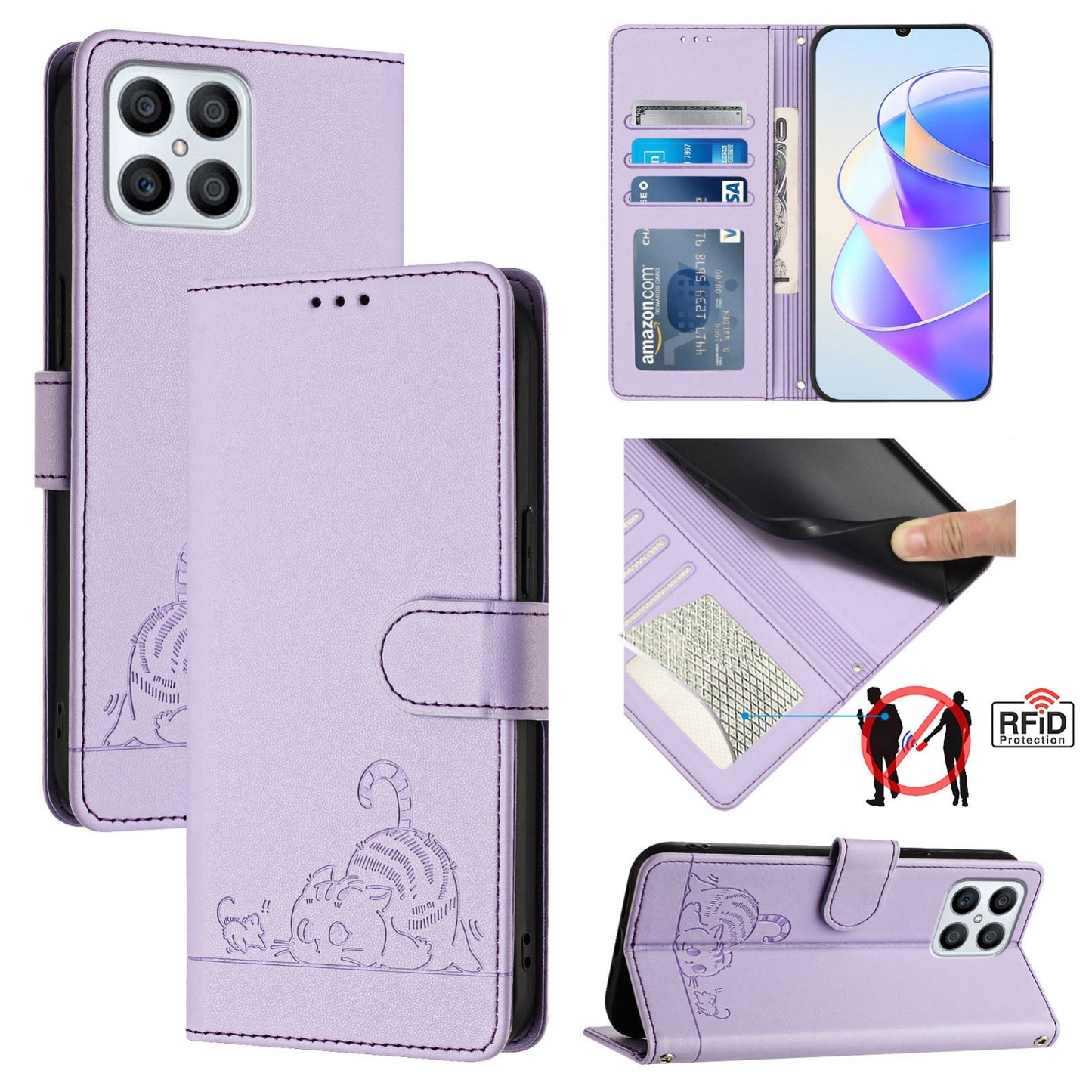 Honor X8 4G Cat and Mouse Embossed PU Leather RFID Case with Wallet Slots, Anti-Fall Protection, Kickstand, and Lanyard-buycases.co.uk