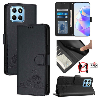 Honor X8 5G Global Cat and Mouse Embossed PU Leather RFID Case with Wallet Slots, Anti-Fall Protection, Kickstand, and Lanyard-buycases.co.uk