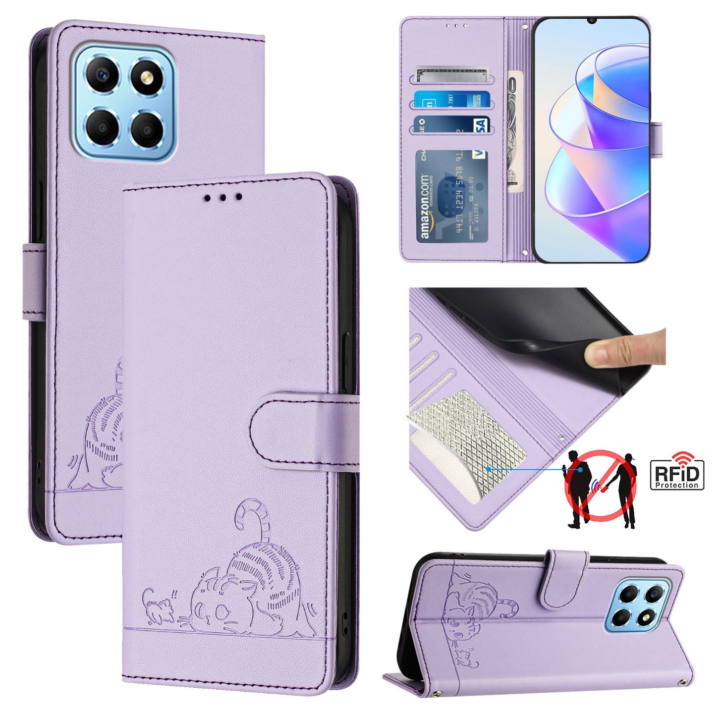 Honor X8 5G Global Cat and Mouse Embossed PU Leather RFID Case with Wallet Slots, Anti-Fall Protection, Kickstand, and Lanyard-buycases.co.uk