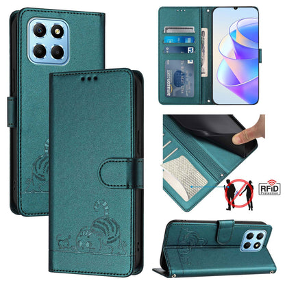 Honor 70 Lite 5G Global Cat and Mouse Embossed PU Leather RFID Case with Wallet Slots, Anti-Fall Protection, Kickstand, and Lanyard-buycases.co.uk