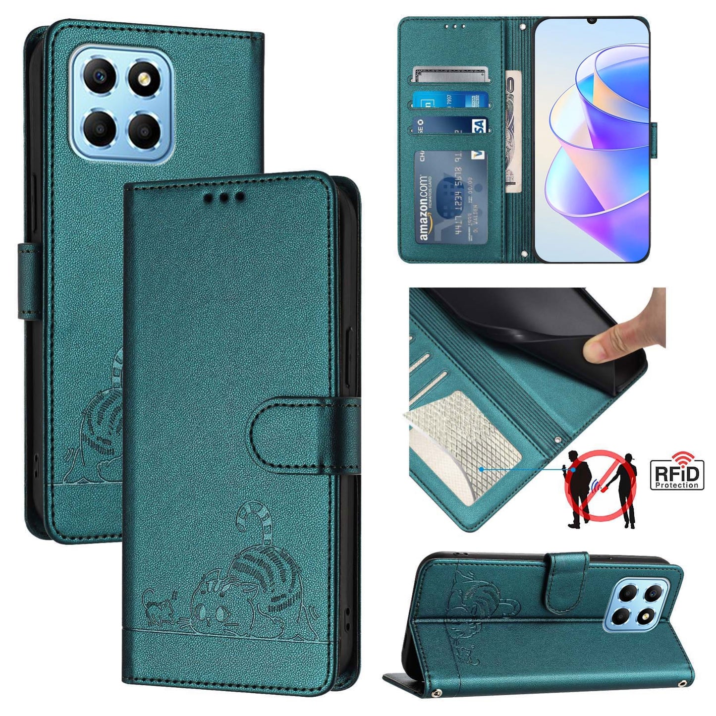 Honor X6s 4G Global Cat and Mouse Embossed PU Leather RFID Case with Wallet Slots, Anti-Fall Protection, Kickstand, and Lanyard-buycases.co.uk