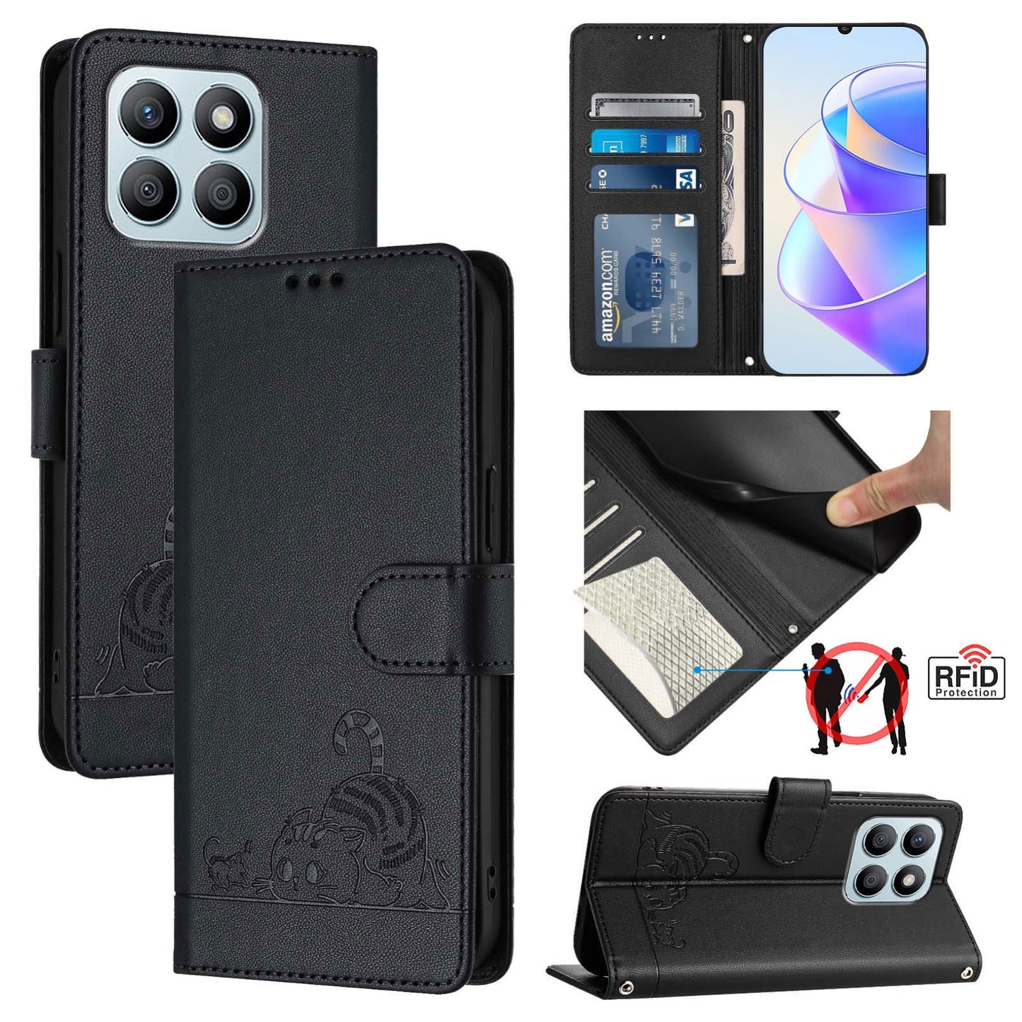 Honor X8b 4G Global Cat and Mouse Embossed PU Leather RFID Case with Wallet Slots, Anti-Fall Protection, Kickstand, and Lanyard-buycases.co.uk