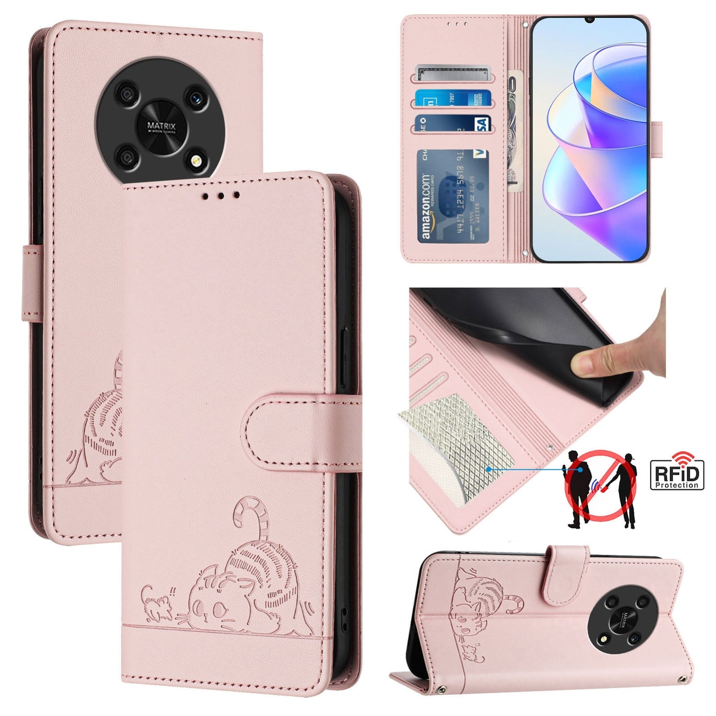 Honor X9 4G Cat and Mouse Embossed PU Leather RFID Case with Wallet Slots, Anti-Fall Protection, Kickstand, and Lanyard-buycases.co.uk