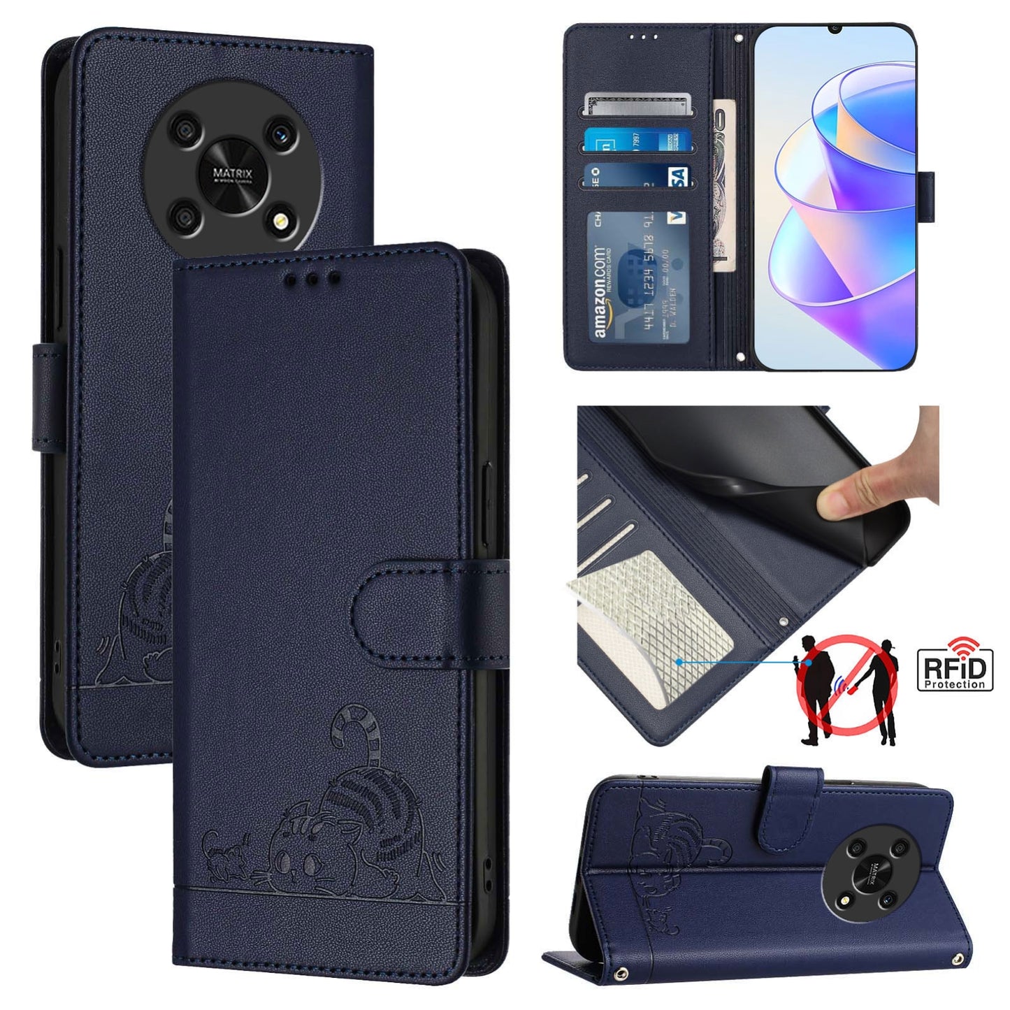 Honor X30 5G Cat and Mouse Embossed PU Leather RFID Case with Wallet Slots, Anti-Fall Protection, Kickstand, and Lanyard-buycases.co.uk