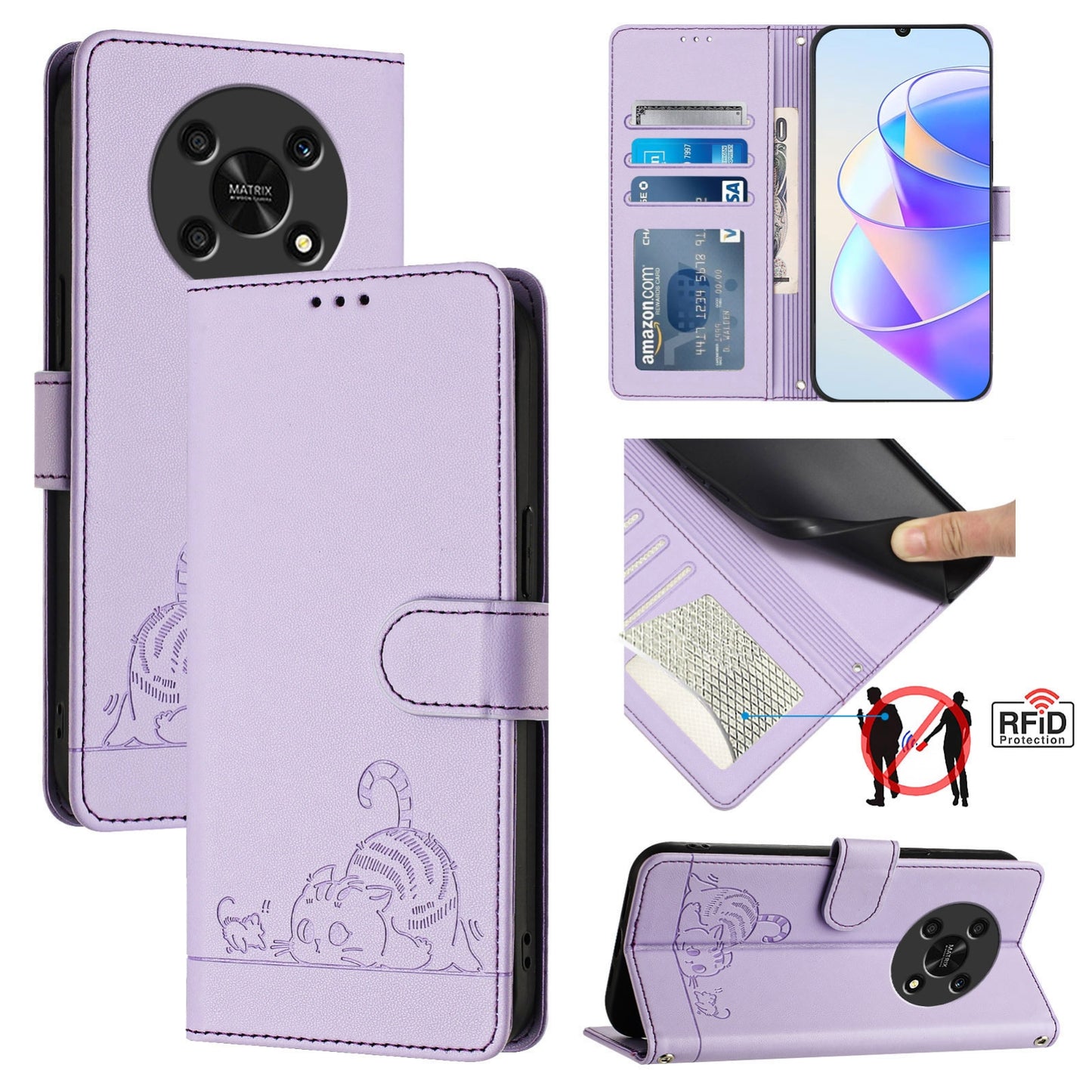 Honor X9 5G Cat and Mouse Embossed PU Leather RFID Case with Wallet Slots, Anti-Fall Protection, Kickstand, and Lanyard-buycases.co.uk