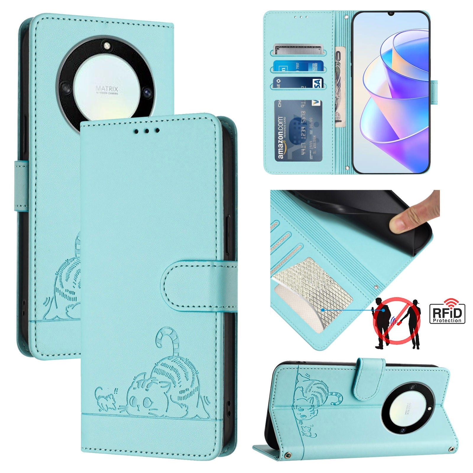 Honor X40 5G Cat and Mouse Embossed PU Leather RFID Case with Wallet Slots, Anti-Fall Protection, Kickstand, and Lanyard-buycases.co.uk