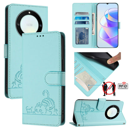 Honor Magic5 Lite Cat and Mouse Embossed PU Leather RFID Case with Wallet Slots, Anti-Fall Protection, Kickstand, and Lanyard-buycases.co.uk