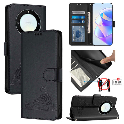 Honor X40 5G Cat and Mouse Embossed PU Leather RFID Case with Wallet Slots, Anti-Fall Protection, Kickstand, and Lanyard-buycases.co.uk