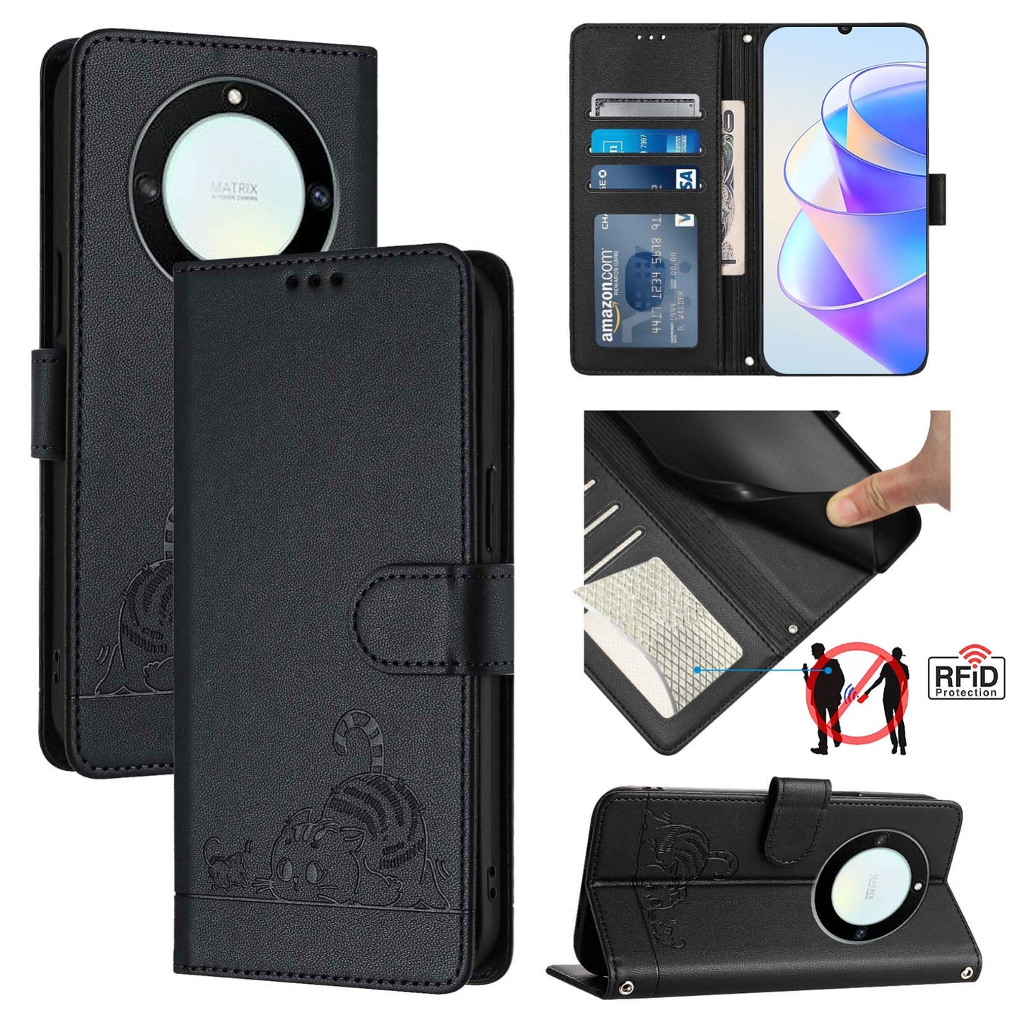 Honor X9a 5G Cat and Mouse Embossed PU Leather RFID Case with Wallet Slots, Anti-Fall Protection, Kickstand, and Lanyard-buycases.co.uk