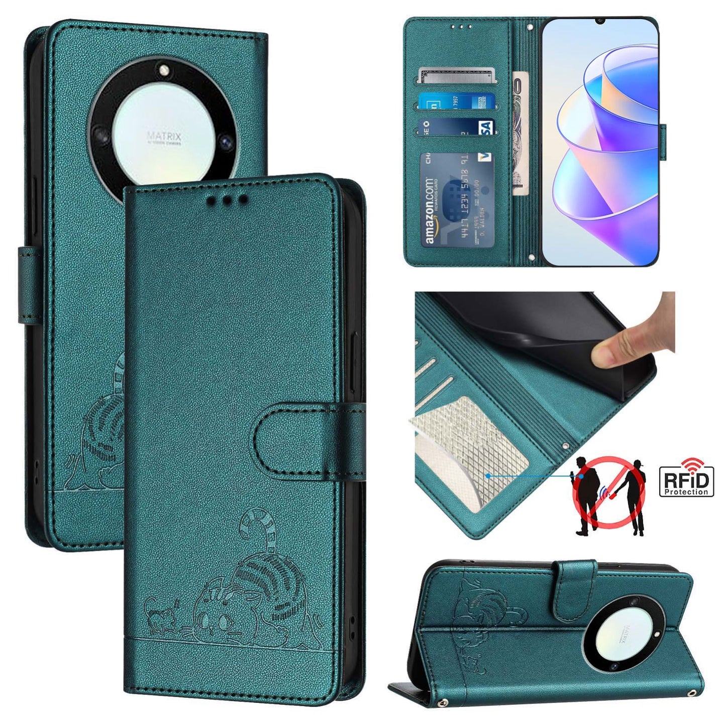 Honor X9a 5G Cat and Mouse Embossed PU Leather RFID Case with Wallet Slots, Anti-Fall Protection, Kickstand, and Lanyard-buycases.co.uk