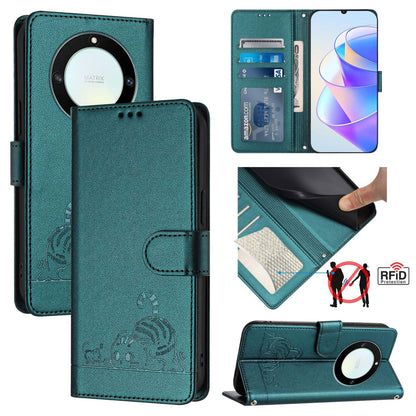 Honor X9a 5G Cat and Mouse Embossed PU Leather RFID Case with Wallet Slots, Anti-Fall Protection, Kickstand, and Lanyard-buycases.co.uk