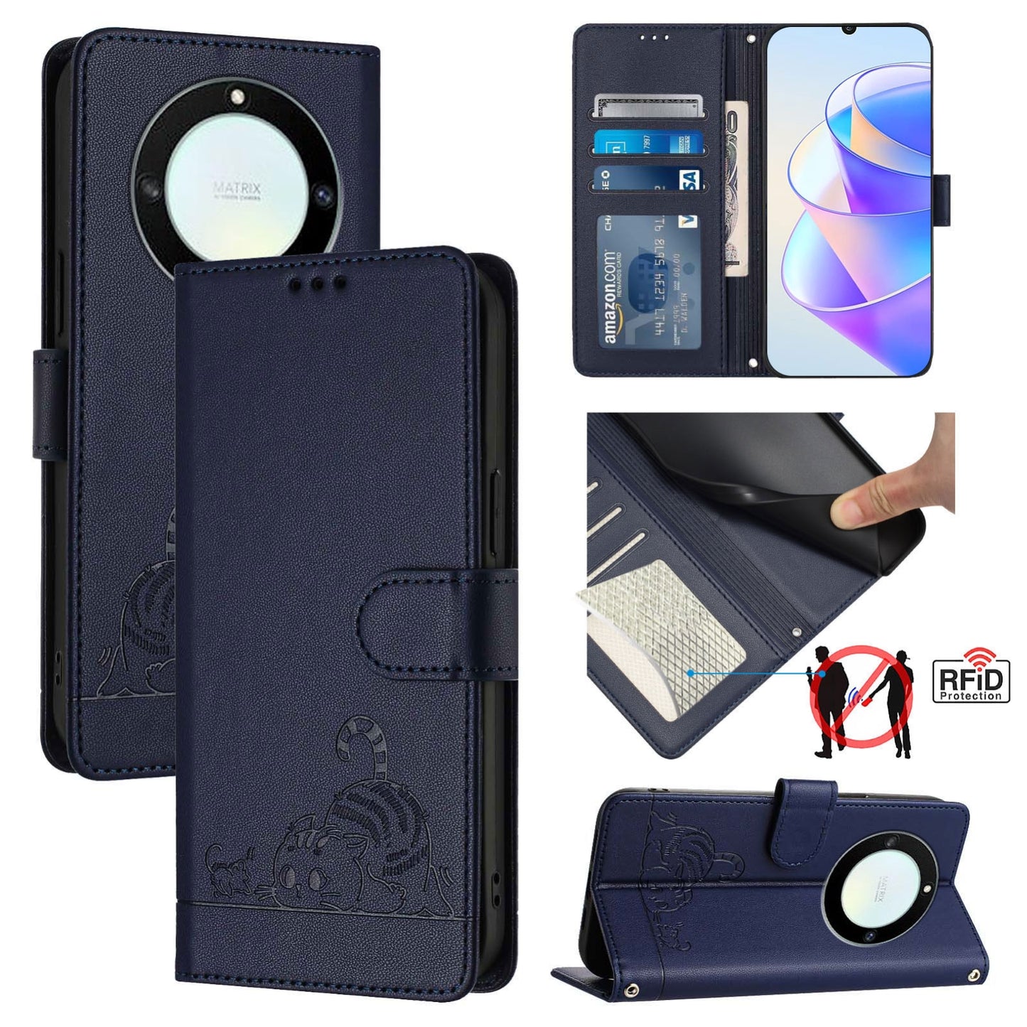 Honor X9a 5G Cat and Mouse Embossed PU Leather RFID Case with Wallet Slots, Anti-Fall Protection, Kickstand, and Lanyard-buycases.co.uk