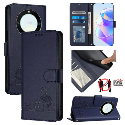 Honor X9a 5G Cat and Mouse Embossed PU Leather RFID Case with Wallet Slots, Anti-Fall Protection, Kickstand, and Lanyard-buycases.co.uk