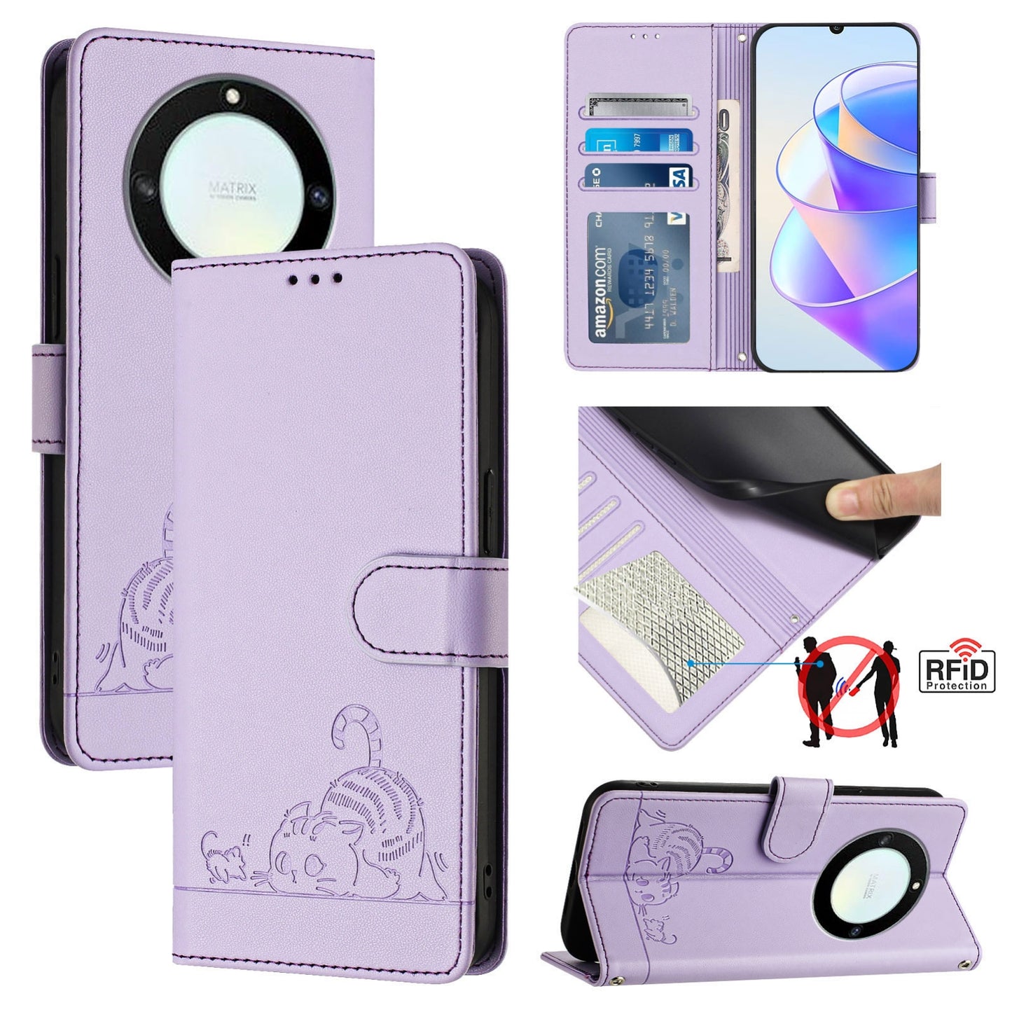 Honor X40 5G Cat and Mouse Embossed PU Leather RFID Case with Wallet Slots, Anti-Fall Protection, Kickstand, and Lanyard-buycases.co.uk