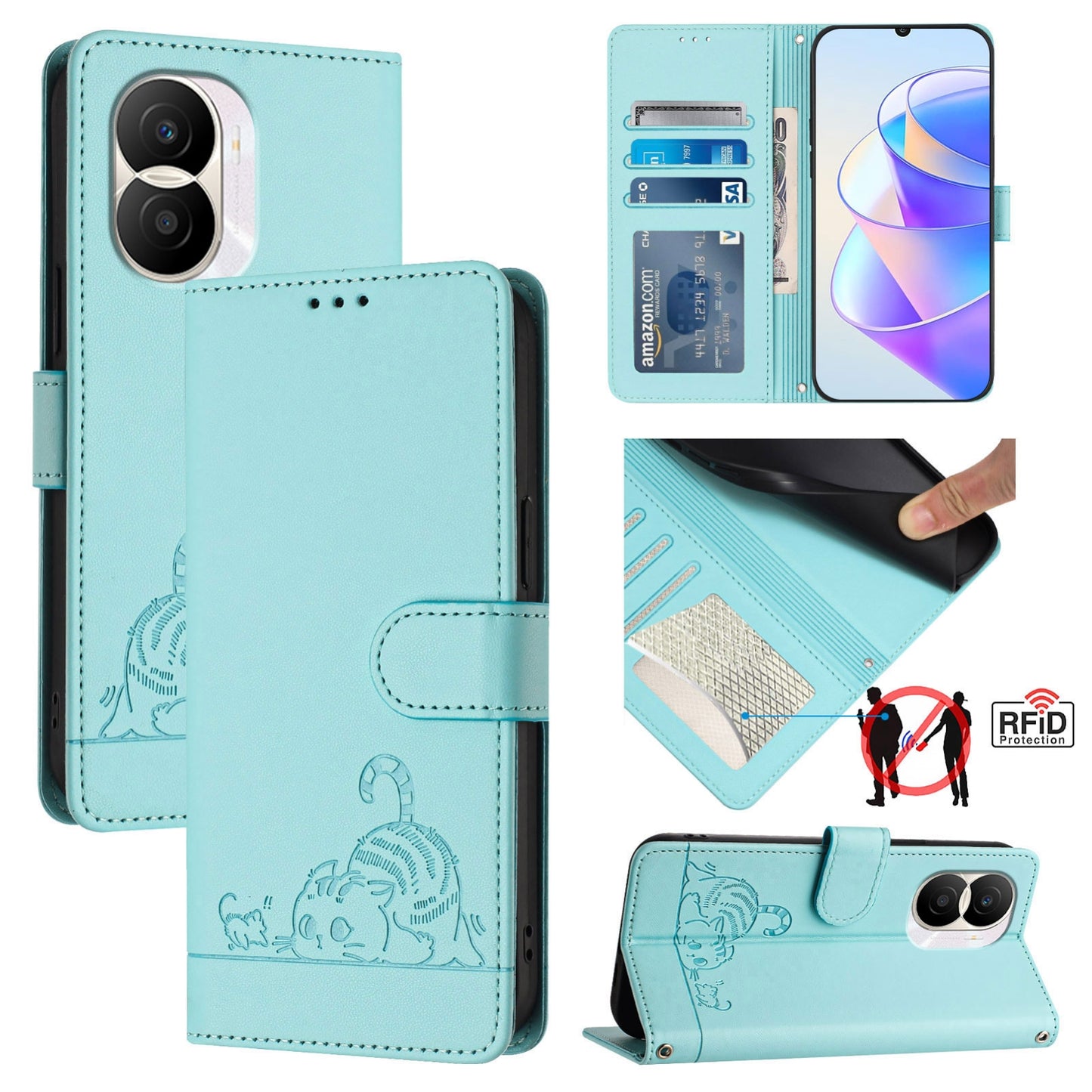 Honor X40i 5G Cat and Mouse Embossed PU Leather RFID Case with Wallet Slots, Anti-Fall Protection, Kickstand, and Lanyard-buycases.co.uk