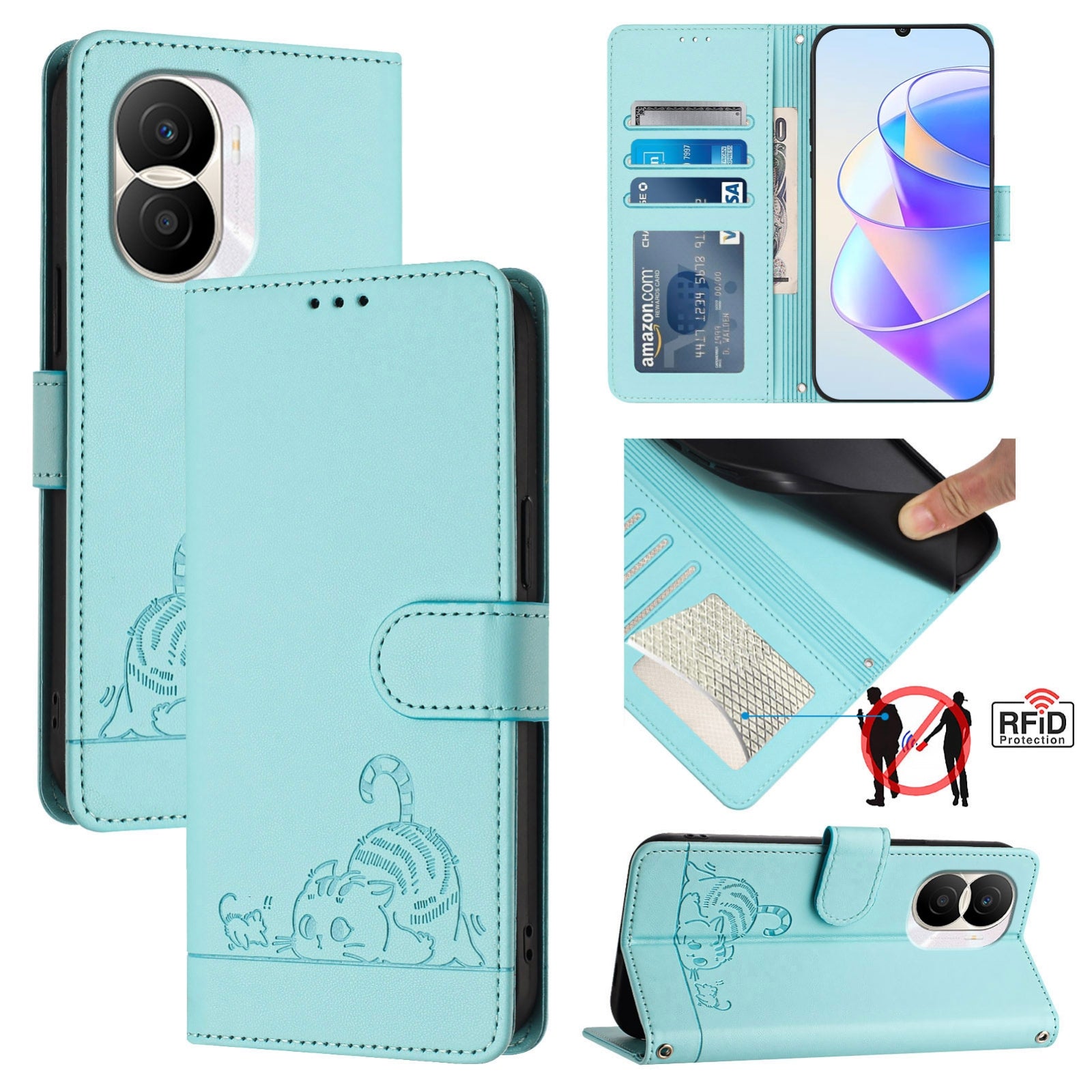 Honor X40i 5G Cat and Mouse Embossed PU Leather RFID Case with Wallet Slots, Anti-Fall Protection, Kickstand, and Lanyard-buycases.co.uk