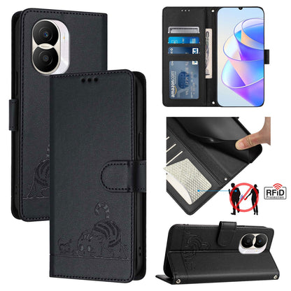 Honor X40i 5G Cat and Mouse Embossed PU Leather RFID Case with Wallet Slots, Anti-Fall Protection, Kickstand, and Lanyard-buycases.co.uk
