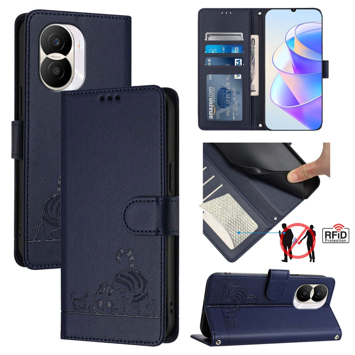 Honor X40i 5G Cat and Mouse Embossed PU Leather RFID Case with Wallet Slots, Anti-Fall Protection, Kickstand, and Lanyard-buycases.co.uk