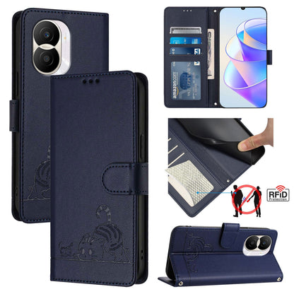 Honor X40i 5G Cat and Mouse Embossed PU Leather RFID Case with Wallet Slots, Anti-Fall Protection, Kickstand, and Lanyard-buycases.co.uk