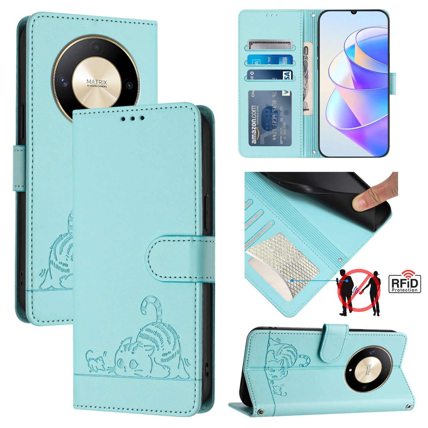 Honor X9b 5G Global Cat and Mouse Embossed PU Leather RFID Case with Wallet Slots, Anti-Fall Protection, Kickstand, and Lanyard-buycases.co.uk