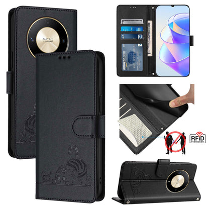 Honor X9b 5G Global Cat and Mouse Embossed PU Leather RFID Case with Wallet Slots, Anti-Fall Protection, Kickstand, and Lanyard-buycases.co.uk
