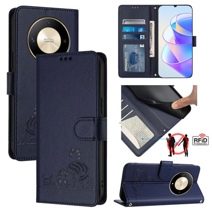 Honor X9b 5G Global Cat and Mouse Embossed PU Leather RFID Case with Wallet Slots, Anti-Fall Protection, Kickstand, and Lanyard-buycases.co.uk