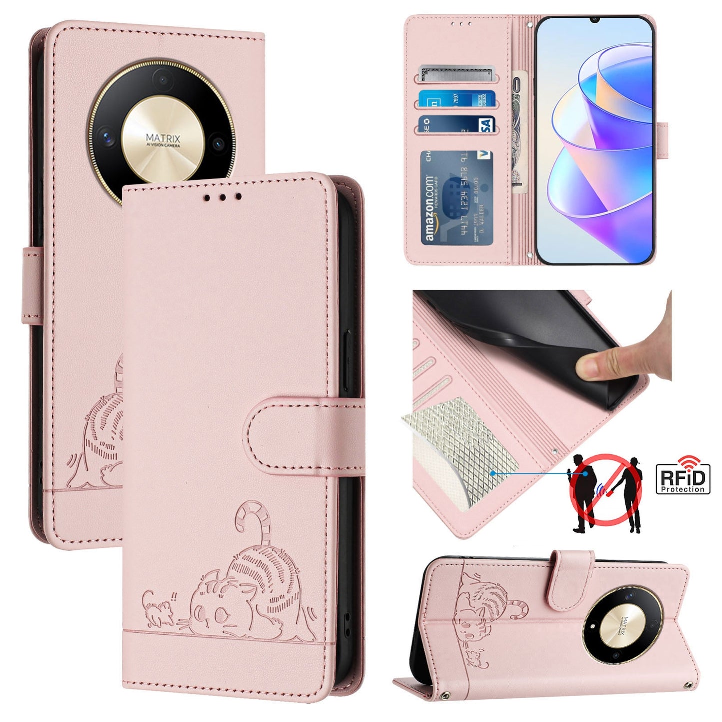Honor Magic6 Lite 5G Global Cat and Mouse Embossed PU Leather RFID Case with Wallet Slots, Anti-Fall Protection, Kickstand, and Lanyard-buycases.co.uk
