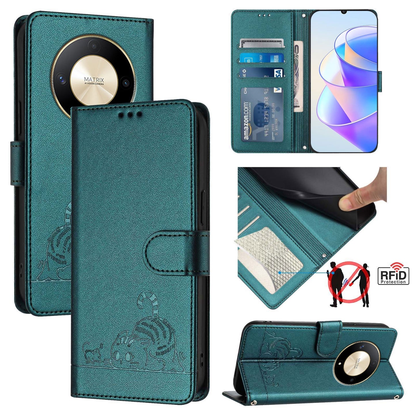 Honor Magic6 Lite 5G Global Cat and Mouse Embossed PU Leather RFID Case with Wallet Slots, Anti-Fall Protection, Kickstand, and Lanyard-buycases.co.uk