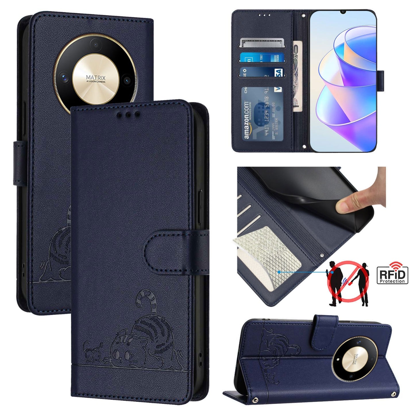Honor Magic6 Lite 5G Global Cat and Mouse Embossed PU Leather RFID Case with Wallet Slots, Anti-Fall Protection, Kickstand, and Lanyard-buycases.co.uk
