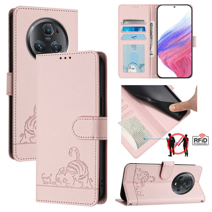 Honor Magic5 Pro Cat and Mouse Embossed PU Leather RFID Case with Wallet Slots, Anti-Fall Protection, Kickstand, and Lanyard-buycases.co.uk