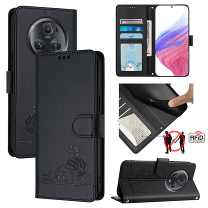 Honor Magic5 Pro Cat and Mouse Embossed PU Leather RFID Case with Wallet Slots, Anti-Fall Protection, Kickstand, and Lanyard-buycases.co.uk