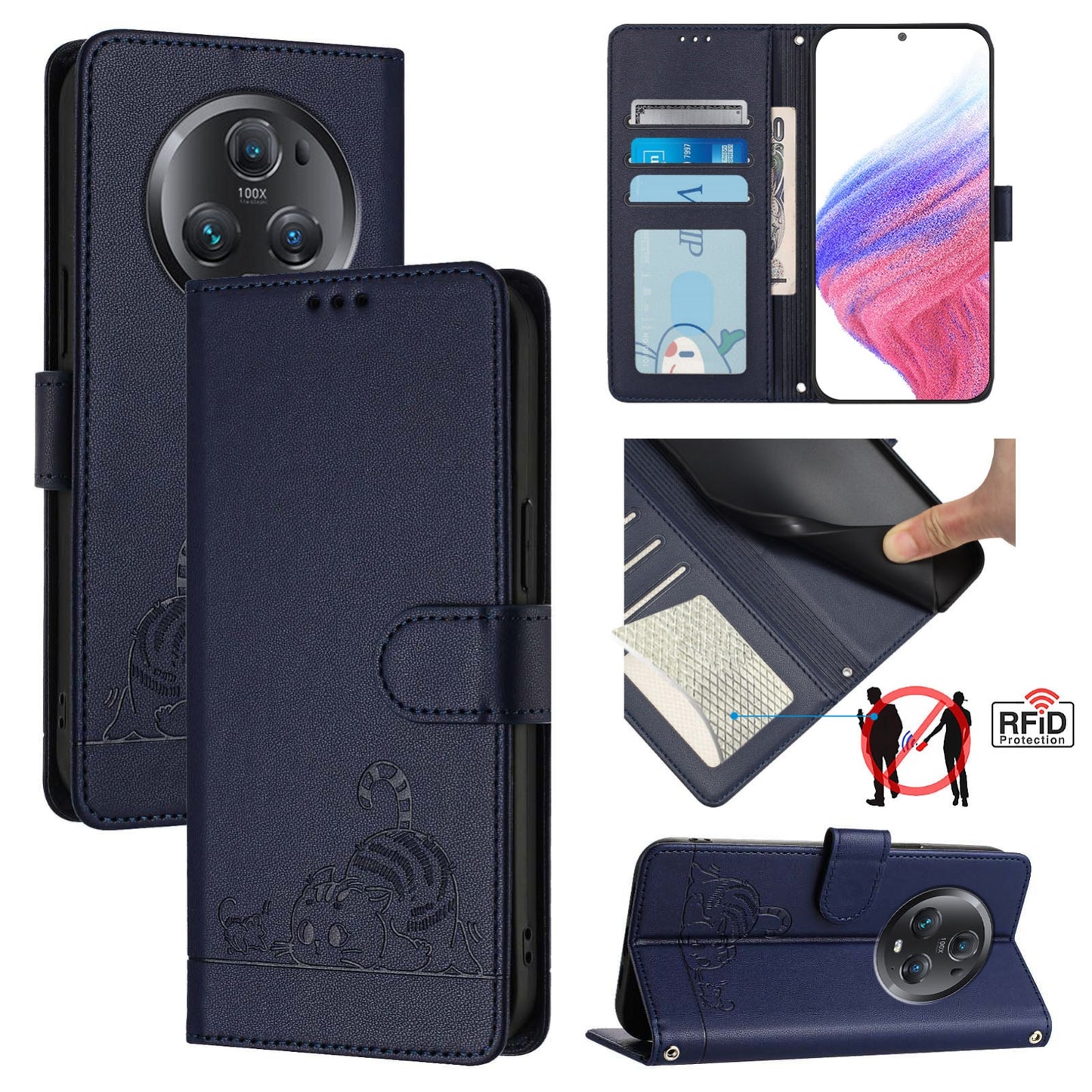 Honor Magic5 Pro Cat and Mouse Embossed PU Leather RFID Case with Wallet Slots, Anti-Fall Protection, Kickstand, and Lanyard-buycases.co.uk