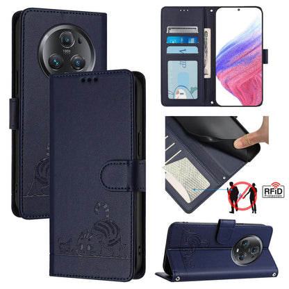 Honor Magic5 Pro Cat and Mouse Embossed PU Leather RFID Case with Wallet Slots, Anti-Fall Protection, Kickstand, and Lanyard-buycases.co.uk