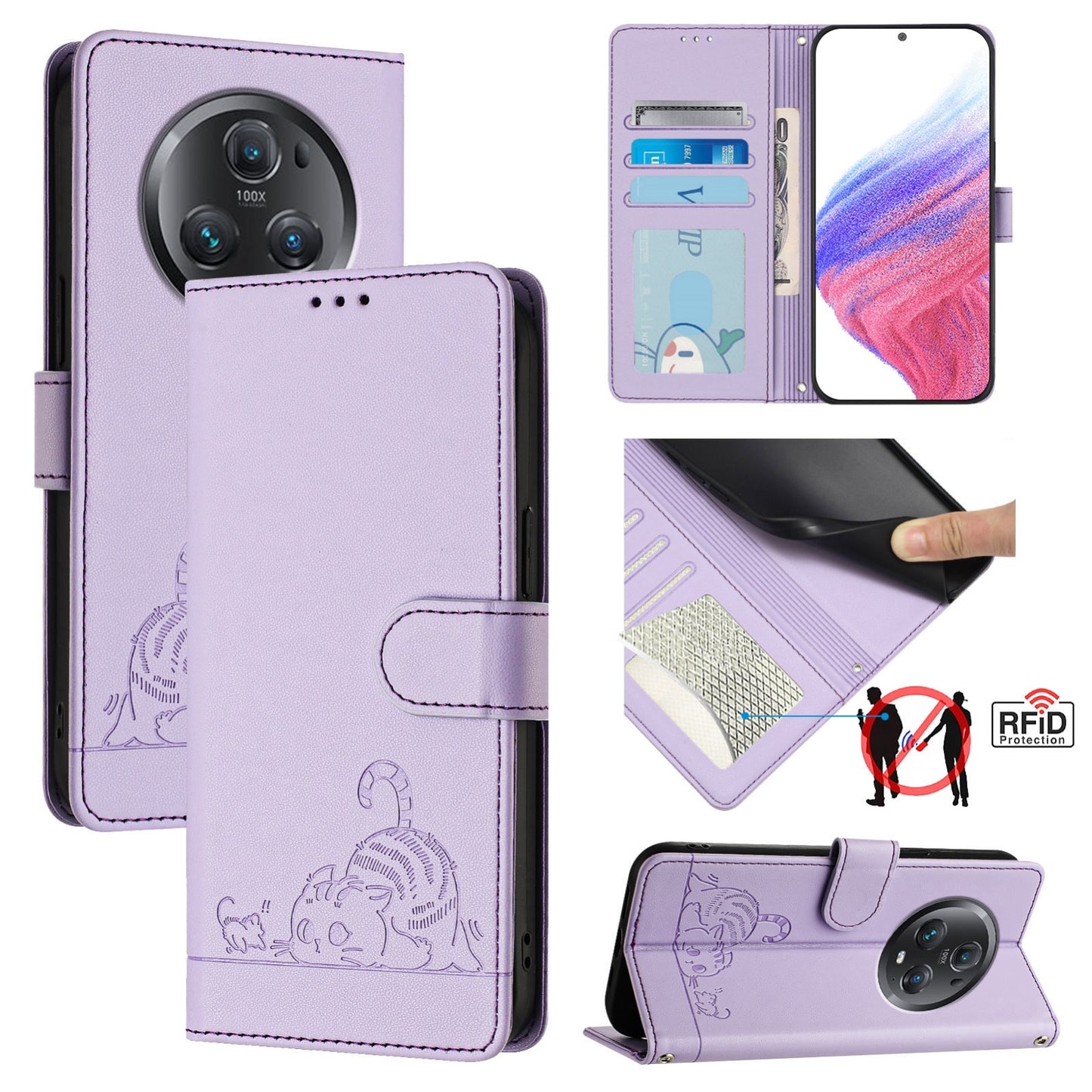 Honor Magic5 Pro Cat and Mouse Embossed PU Leather RFID Case with Wallet Slots, Anti-Fall Protection, Kickstand, and Lanyard-buycases.co.uk