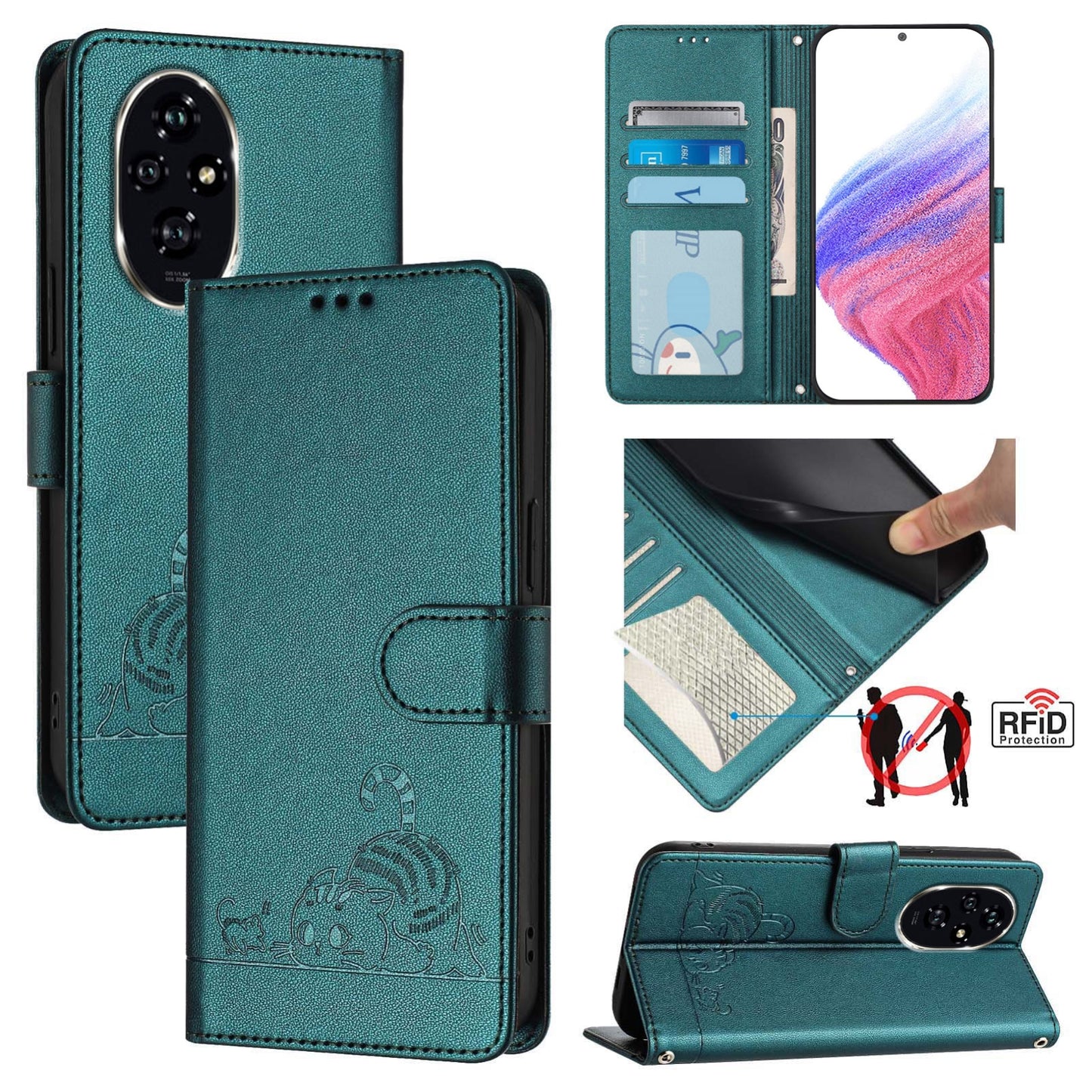 Honor 200 Cat and Mouse Embossed PU Leather RFID Case with Wallet Slots, Anti-Fall Protection, Kickstand, and Lanyard-buycases.co.uk