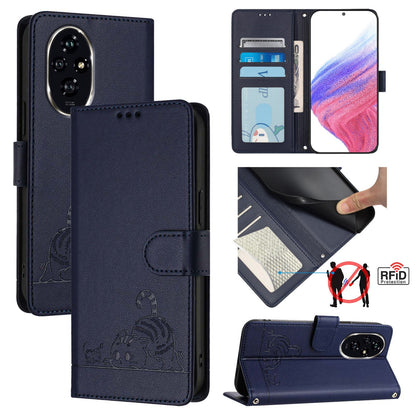 Honor 200 Cat and Mouse Embossed PU Leather RFID Case with Wallet Slots, Anti-Fall Protection, Kickstand, and Lanyard-buycases.co.uk