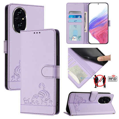 Honor 200 Cat and Mouse Embossed PU Leather RFID Case with Wallet Slots, Anti-Fall Protection, Kickstand, and Lanyard-buycases.co.uk