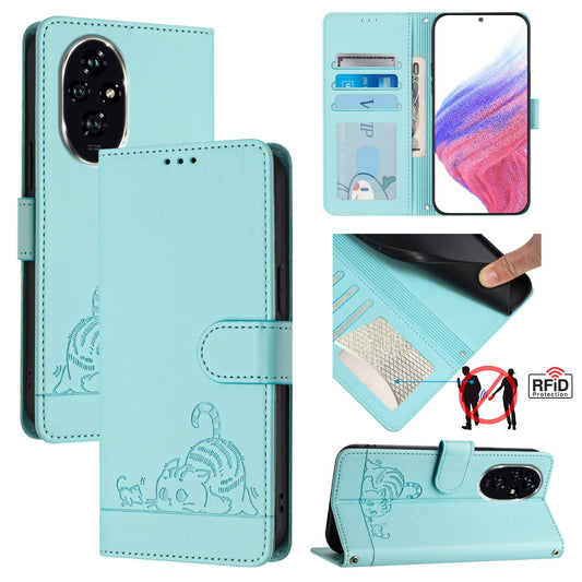 Honor 200 Pro Cat and Mouse Embossed PU Leather RFID Case with Wallet Slots, Anti-Fall Protection, Kickstand, and Lanyard-buycases.co.uk
