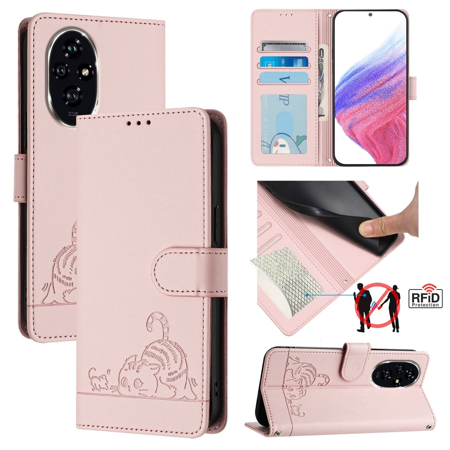 Honor 200 Pro Cat and Mouse Embossed PU Leather RFID Case with Wallet Slots, Anti-Fall Protection, Kickstand, and Lanyard-buycases.co.uk