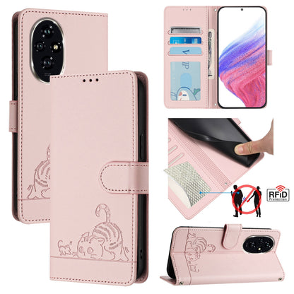 Honor 200 Pro Cat and Mouse Embossed PU Leather RFID Case with Wallet Slots, Anti-Fall Protection, Kickstand, and Lanyard-buycases.co.uk