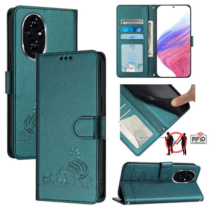 Honor 200 Pro Cat and Mouse Embossed PU Leather RFID Case with Wallet Slots, Anti-Fall Protection, Kickstand, and Lanyard-buycases.co.uk