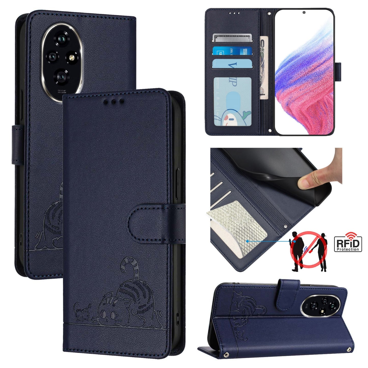 Honor 200 Pro Cat and Mouse Embossed PU Leather RFID Case with Wallet Slots, Anti-Fall Protection, Kickstand, and Lanyard-buycases.co.uk