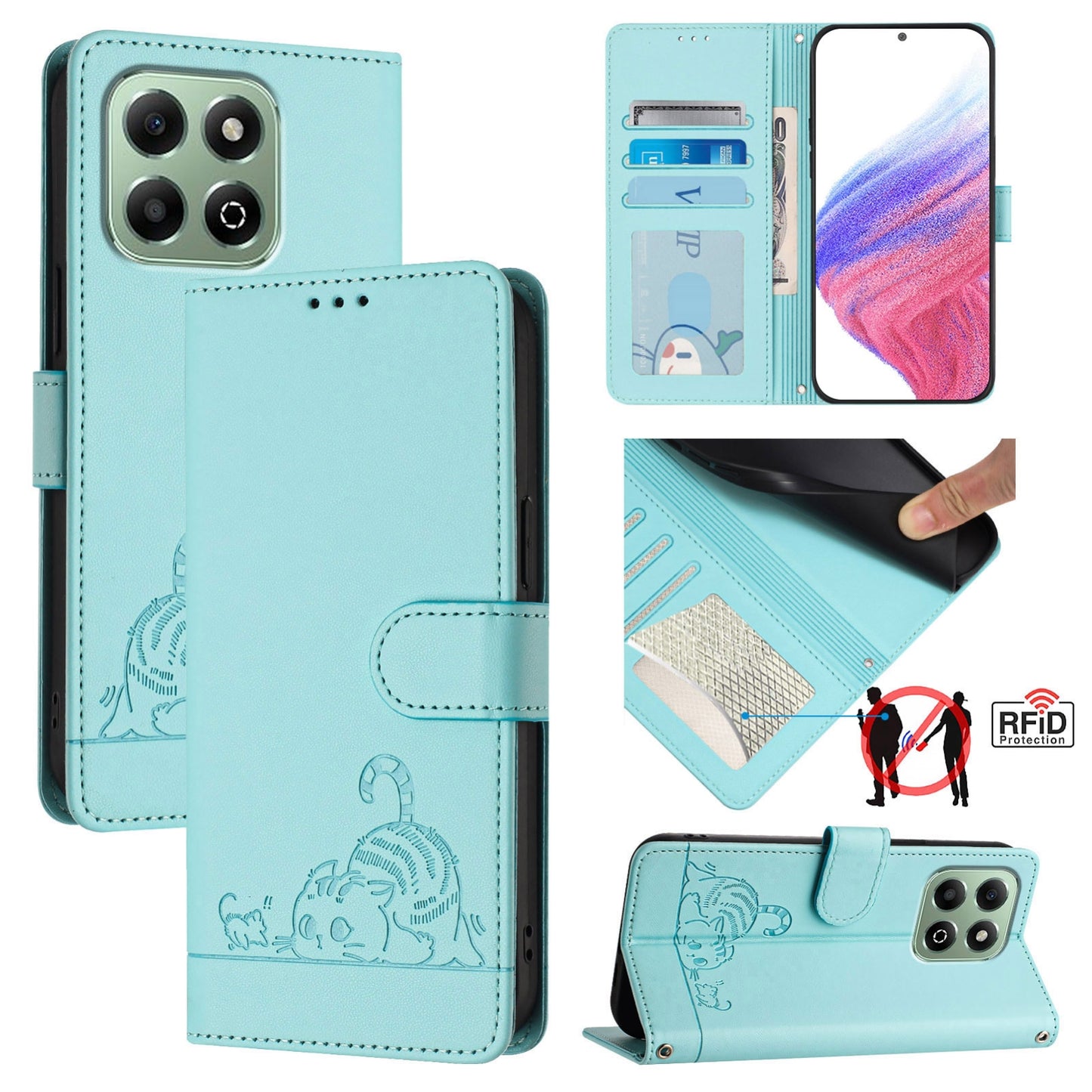 Honor X6b Cat and Mouse Embossed PU Leather RFID Case with Wallet Slots, Anti-Fall Protection, Kickstand, and Lanyard-buycases.co.uk